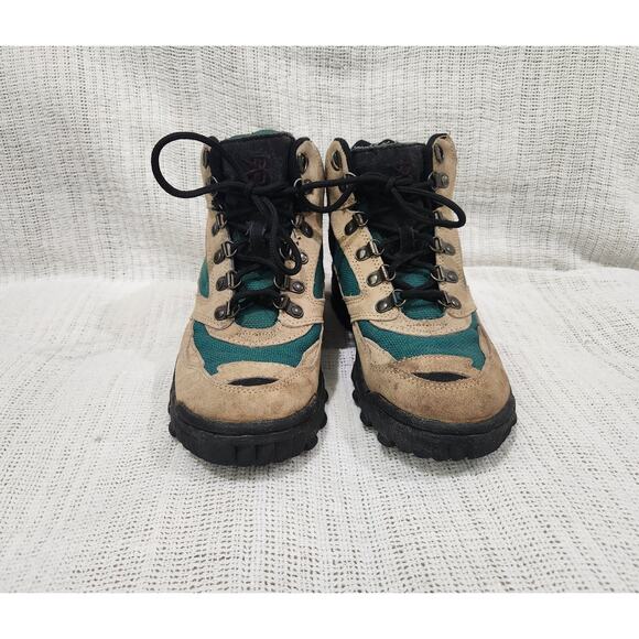Brooks Women’s Vintage Suede Hiking Boots Size 9 Trail Outdoor Tan Green - Picture 1 of 10